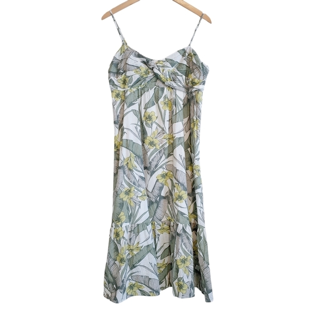 Banana Republic Front Knot Palm Leaves Floral Linen Blend Midi Dress Sz 14